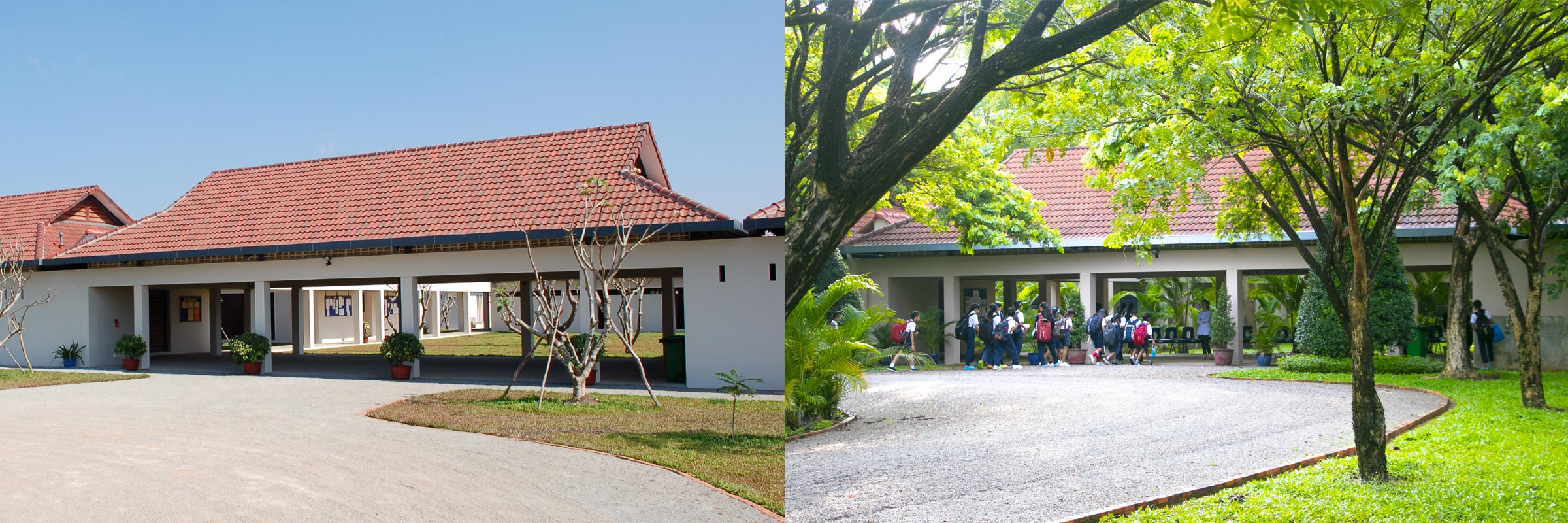 Jay Pritzker Academy main building entrance, 2008 and 2020 at JPA campus, Siem Reap, Cambodia