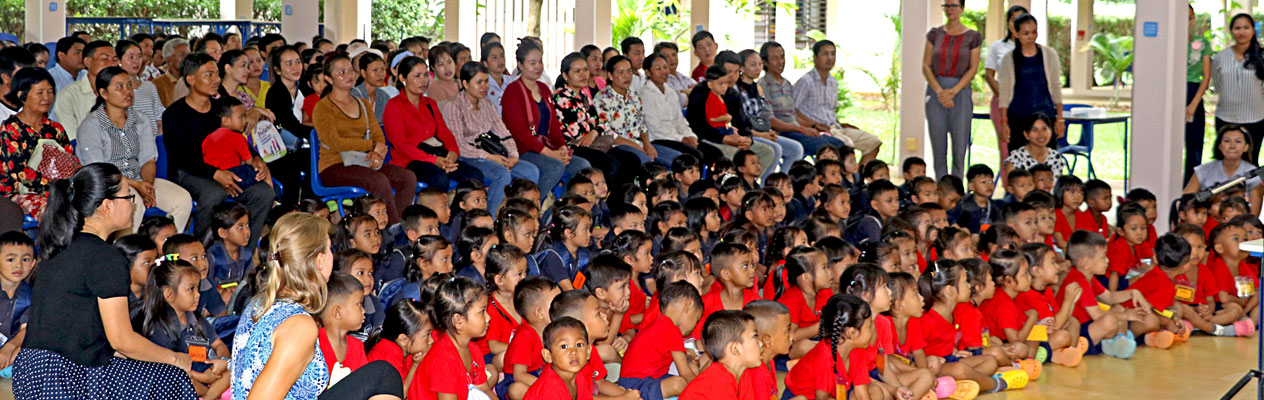JPA assembly, teachers, students, and parents on the first day of school - Back to school. Jay Pritzker Academy, Siem Reap, Cambodia. Jay-Pritzker-Academy-Siem-Reap-Cambodia.